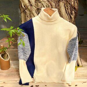Cream Navy Gray Colorblock Turtleneck Sweater